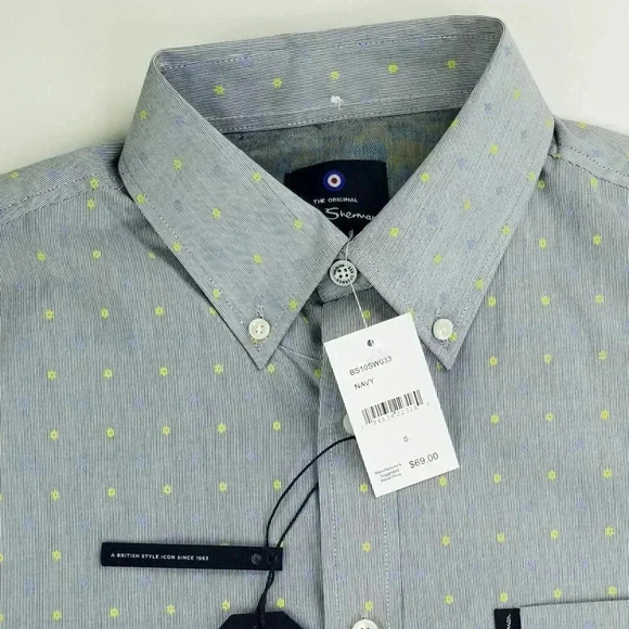 Ben Sherman Small Mod Classic Fit Pocket Logo Tag Blue Yellow Stripe Pattern - Picture 10 of 10